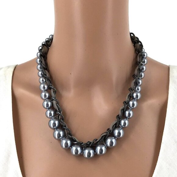 Coldwater Creek Necklace Faux Pearl Chain Ribbon Mix Gray - Picture 1 of 2